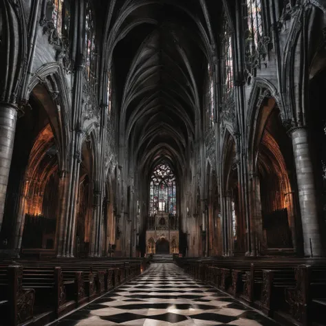 Wide and long Gothic hall with high and long stained glass windows, with a high ceiling and numerous buttresses-columns, At the end of the hall there is a high arched passage, Maximum picture quality, high picture quality,.