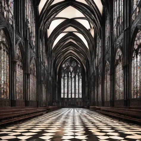 Wide and long Gothic hall with high and long stained glass windows, with a high ceiling and numerous buttresses-columns, At the end of the hall there is a high arched passage, Maximum picture quality, high picture quality,.