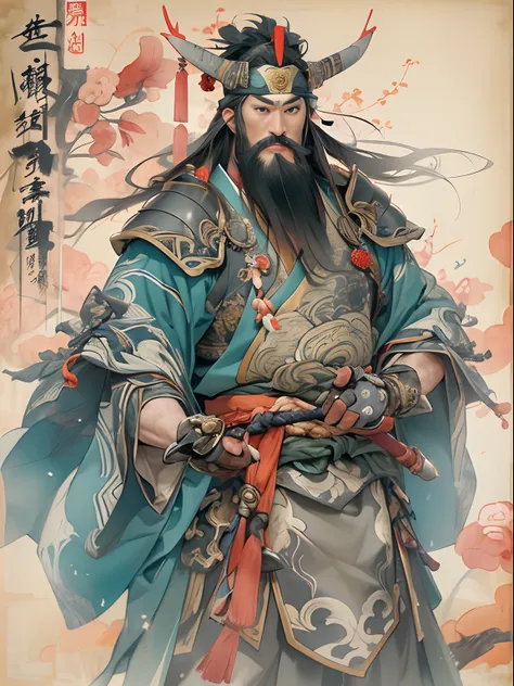 (((China-style，Ink painting method，Half-length portrait，Intense color，Han dynasty, China，Hanfu，Armor，Guan yu，Guan Yunchang，of a guy，Ruddy killing square face，Hold the Blue Dragon Moon Knife in his right hand，Stroke your beard with your left hand，Long hair，...