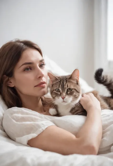 woman dressed in comfortable clothes on her bed with her cat, 80s style, half body shot, high quality photo