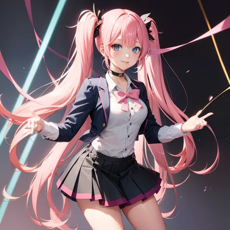 full body Esbian, masutepiece: 1.2, Highest Quality), (Live-action, elaborate details), (1 Lady, Solo, Upper body,) Clothing: Edgy, Navy Blazer, pink miniskirt, High School Uniform , long hair with pink twin tails,,,、Avant-garde, Experimental appearance: L...