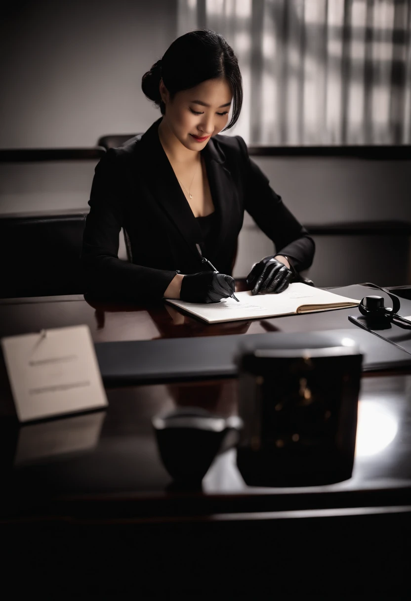 Wearing black leather gloves in both hands, upper body, black business suit, facing the desk in the modern study in the dark, looking down, smiling, writing a letter using a fountain pen, long, straight black hair, young and cute face Japanese female new e...