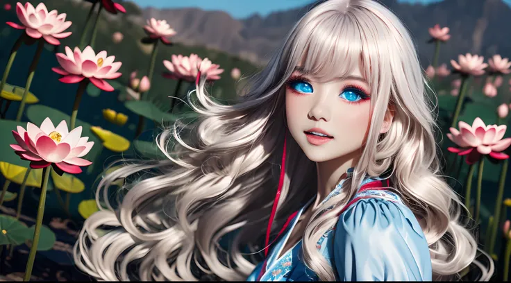 Best quality photo wallpapers，Ultra-detailed and realistic graphics，Light blue wavy girl with long hair，Bright hair，red color eyes，Highly reflective eyeballs，Pink plump lips，Dress decorated with lotus flowers，White complexion