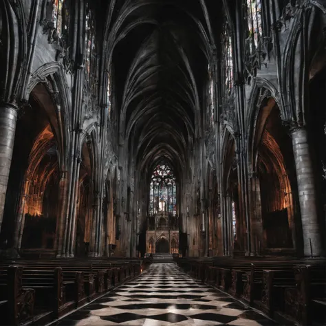 Wide and long Gothic hall with high and long stained glass windows, with a high ceiling and numerous buttresses-columns, At the end of the hall there is a high arched passage, Maximum picture quality, high picture quality,.