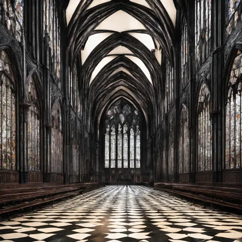 Wide and long Gothic hall with high and long stained glass windows, with a high ceiling and numerous buttresses-columns, At the end of the hall there is a high arched passage, Maximum picture quality, high picture quality,.