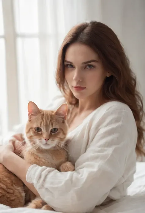 woman dressed in comfortable clothes on her bed with her cat, 80s style, half body shot, high quality photo