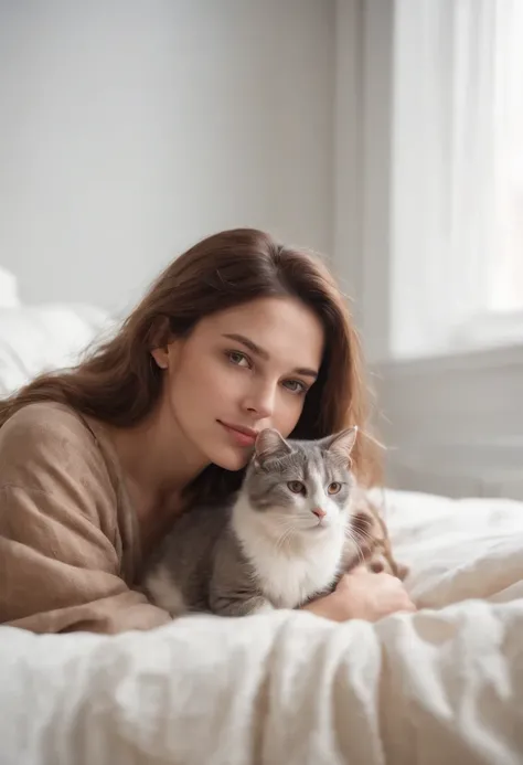 woman dressed in comfortable clothes on her bed with her cat, 80s style, half body shot, high quality photo