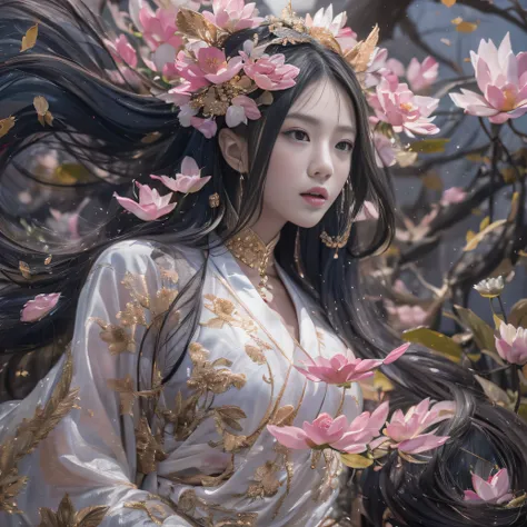 32K（tmasterpiece，k hd，hyper HD，32K）Long flowing black hair，ponds，zydink， a color， Xuzhou people （Silly girl）， （Silk scarf）， Combat posture， looking at the ground， long whitr hair， Floating hair， Carp pattern headdress， Chinese long-sleeved clothing， （abstr...