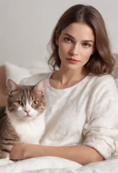 woman dressed in comfortable clothes on her bed with her cat, 80s style, medium close-up, high quality photo