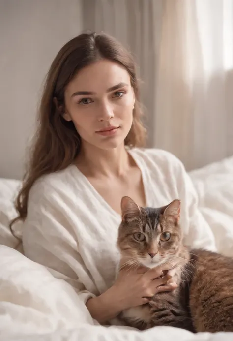 woman dressed in comfortable clothes on her bed with her cat, 80s style, medium close-up, high quality photo