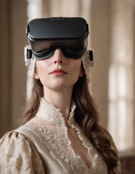 portrait of a lady of the 18 century wearing virtual reality goggles, Surrealist, high quality photo