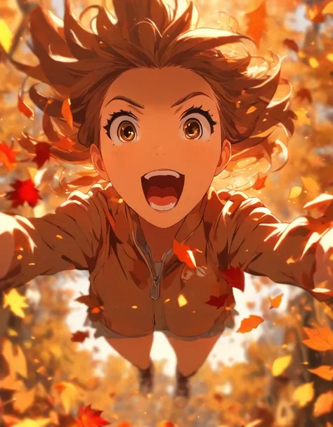 foreshortening,  (depth of fields:1.5), masutepiece, (Best Quality:1.3), 1girl in, Brown hair, Brown eyes,  short-hair, Solo, Looking up,Red or orange fallen leaves、(Background of autumn leaves:1.2)、Both hands are holding the falling leaves、, Laughing with...