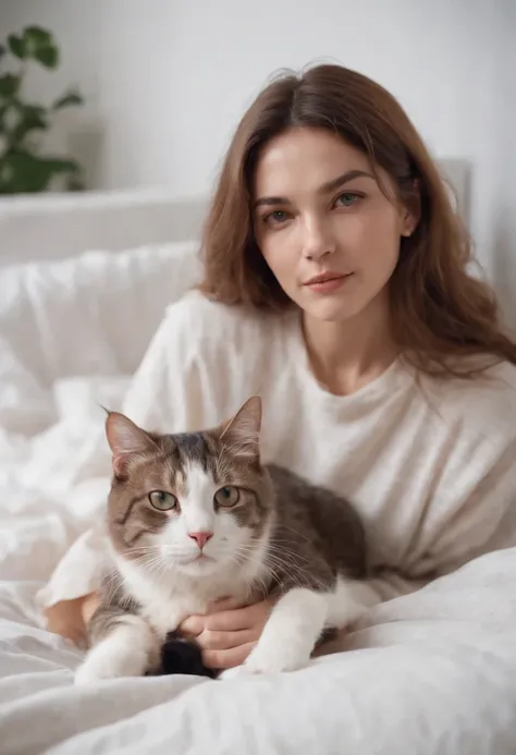 woman dressed in comfortable clothes on her bed with her cat, 80s style, half body shot, high quality photo