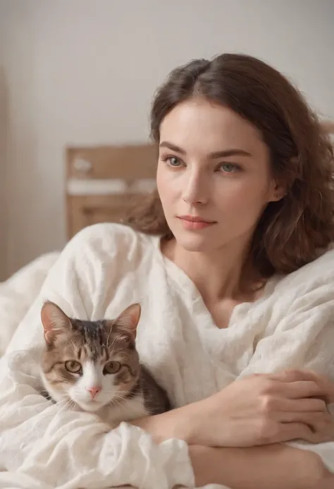 woman dressed in comfortable clothes on her bed with her cat, 80s style, half body shot, high quality photo