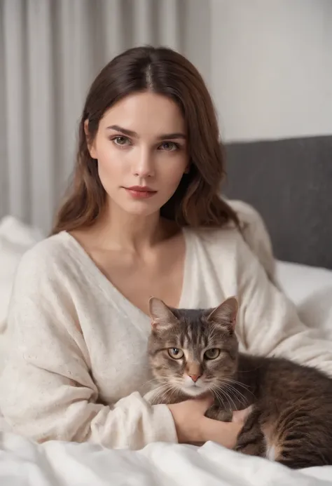 woman dressed in comfortable clothes on her bed with her cat, 80s style, half body shot, high quality photo