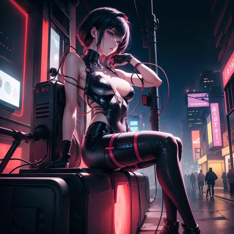 There is a beautiful woman standing next to a red car, In the cyberpunk countryside, Black hair, ridge, Drifters, Night time, Night, Ambient, Sexy Woman, mentor, teacher, Empty room, Alone, covert, risky, Mischievous, Seductive, Sultry Pose, Lustful look, ...