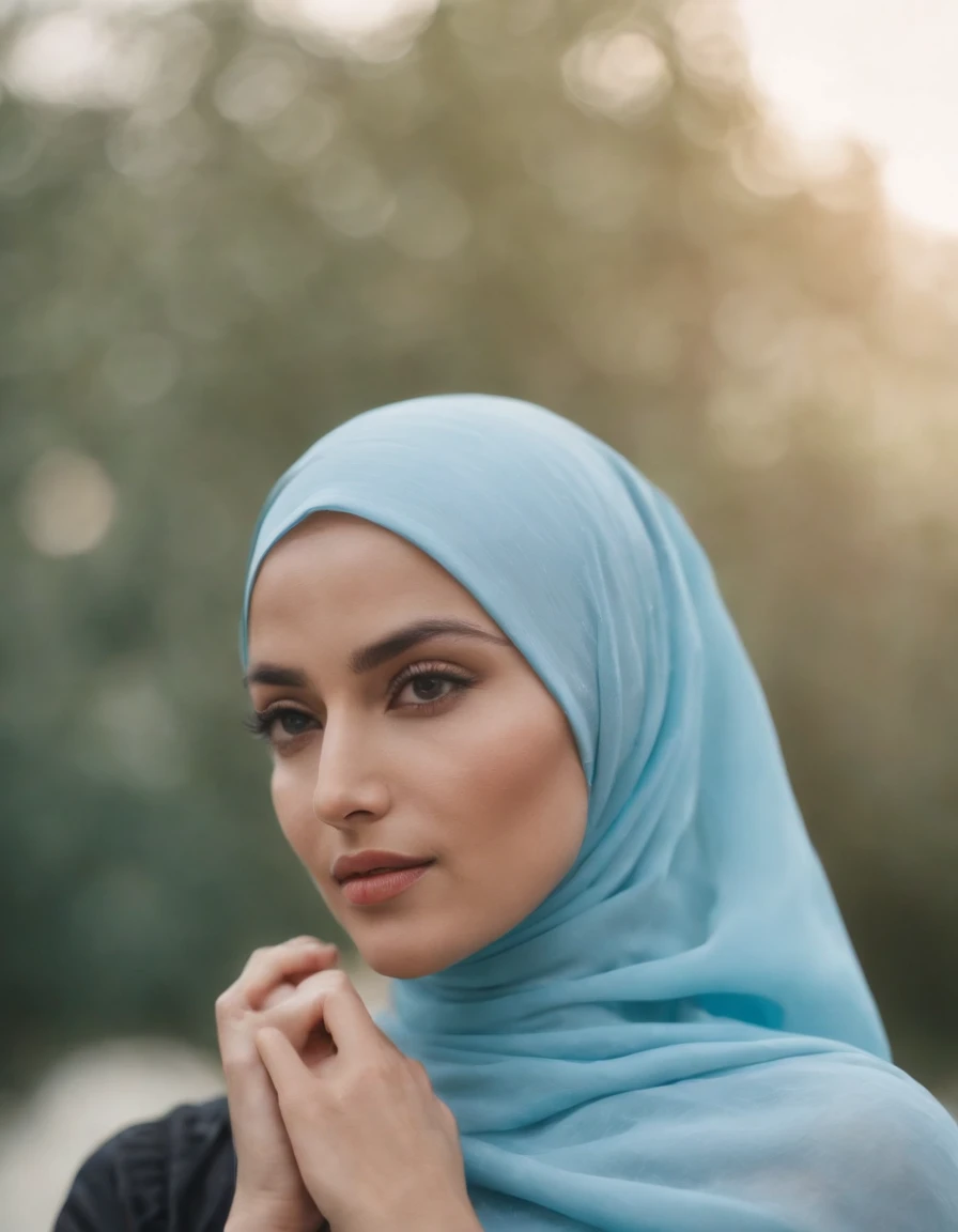 A portrait of a dancer wearing a hijab, cinematic, clear facial expression, 35 mm lens, sky - blue, 1970