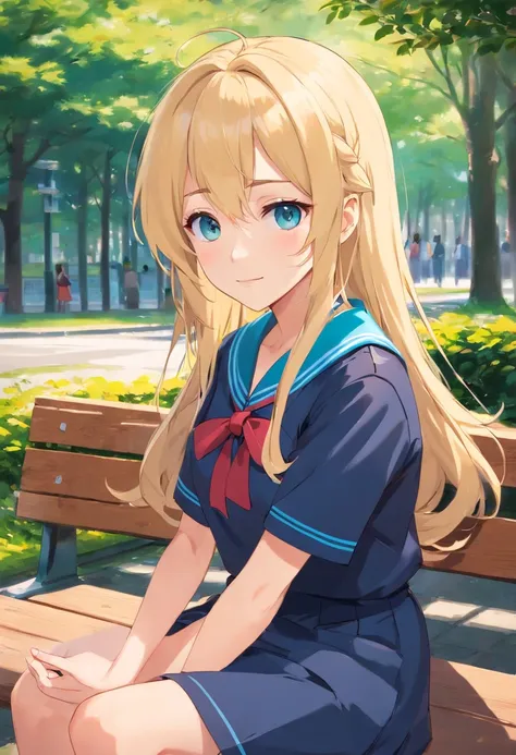 (anime girl): long hair: blonde, eyes: slightly light and bright blue, (Japanese student uniform)
{looking at the viewer with a slight smile and with his hands behind him sitting on a bench}.
[flawless anime style, masterpiece with good style]