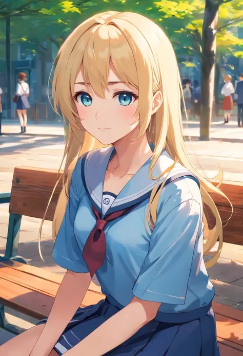 (anime girl): long hair: blonde, eyes: slightly light and bright blue, (Japanese student uniform)
{looking at the viewer with a slight smile and with his hands behind him sitting on a bench}.
[flawless anime style, masterpiece with good style]