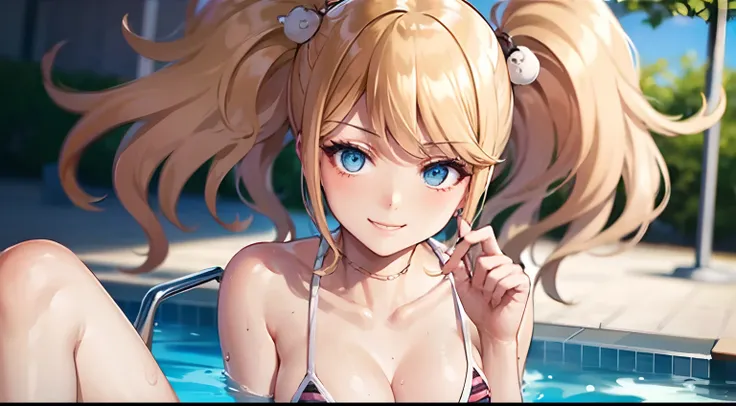 Striped Micro Bikini、（Brown skin）、（Blonde Shorthair）、（Wearing a straw hat）、年轻、Cute、a beauty girl、Perfect Style、Colossal tits、Emphasizes cleavage、A slight smil、８ｋ、ighly detailed、top-quality、Top image quality、超A high resolution、​masterpiece、（one girls）、swimm...