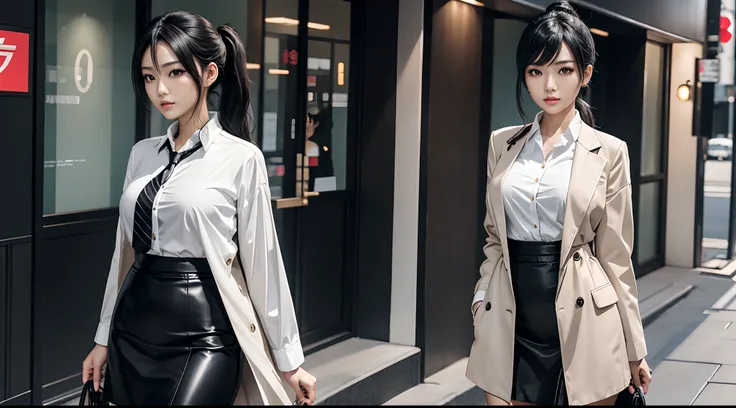 CG，style of anime，Black color hair，Black eyes，Skin whitening，largeeyes，Japan  Woman，grown woman，Slim figure，Professional womenswear，Wear a trendy white shirt and a skirt that wraps around your hips，Fashionable women，Women in the workplace，The expression is...