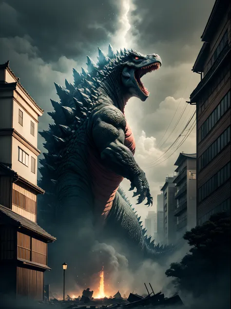 godzilla appears in kyoto、destroying the city、crumbling buildings,fleeing crowd、a scene from a movie、giant monster、cinematic lig...