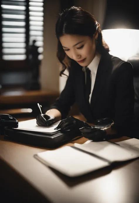 Wearing black leather gloves in both hands, upper body, black business suit, facing the desk in the modern study in the dark, looking down, smiling, writing a letter using a fountain pen, long, straight black hair, young and cute face Japanese female new e...