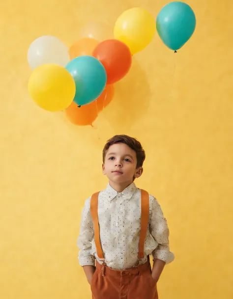 Boy with balloons on yellow background, little boy, confetti-like polka dot style, scattered composition, melancholic self-portrait, installation-based, bright colors, matte photo, strange juxtaposition, (medium shot)