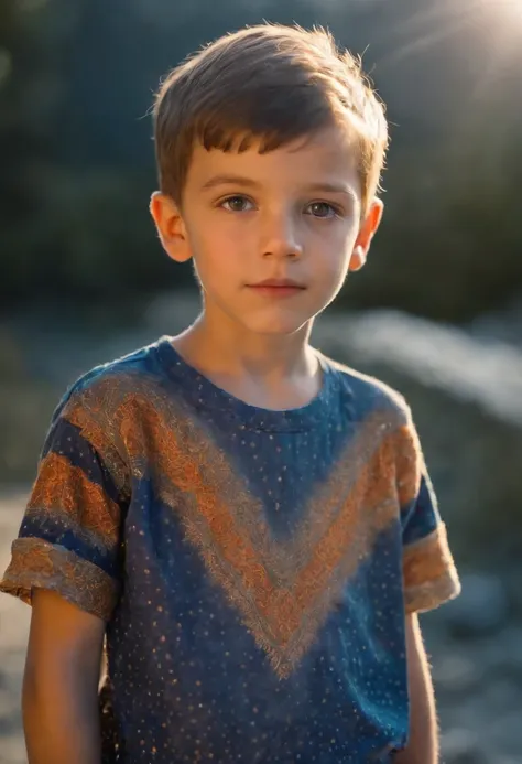 a boy with a bright shirt looking at the sun, in the style of psychedelic portraiture, light navy and light amber, stockphoto, cut/ripped, distinct facial features, glimmering light effects, bauhaus, (medium close-up)