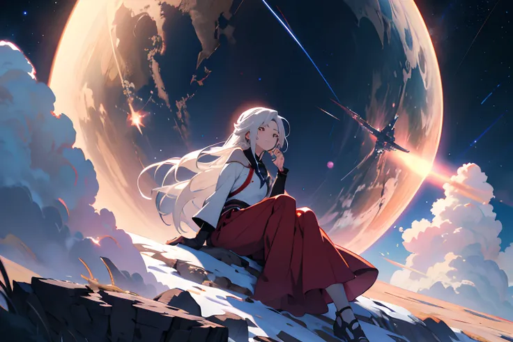 A sitting girl, Looking Up The Sky, beautiful  Girl, ssmile, Long hair, red long skirt, Anime - Beautiful sky with stars and planets scene style, Cosmos Sky. Art Wallpaper 4K Art Wallpaper 4K Art Wallpaper 8K, 4k anime wallpapers, 4k wallpapers, 4k wallpap...