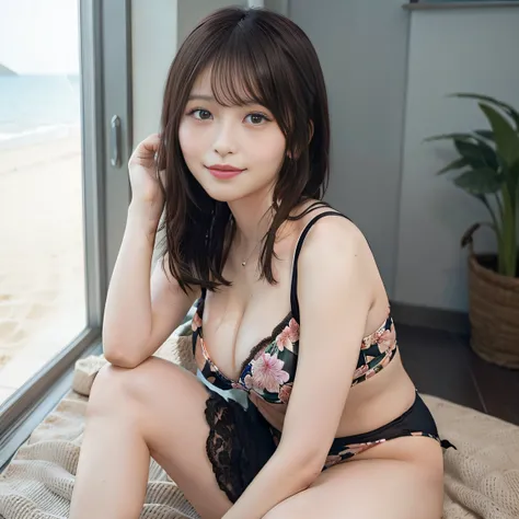 in 8K,Best Quality:1.4, 超A high resolution:1.5, (Photorealistic:1.4),​masterpiece:1.2,(top-quality:1.4)、 Raw photo、 (From the knee up:1.4), (the background is blurred), sea side, sand beach, 1日本人の女の子, Cute、middlebreasts:1.5、 (Solo), (Shy smile), Smooth ski...