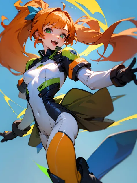 (best quality,4k,8k,highres,masterpiece:1.2),ultra-detailed,1girl,solo,side ponytail,bright orange hair,bright green eyes,blue bodysuit,laughing,small breasts, gloves,long boots,high-heeled boots,light blue background,simple background,looking at the viewe...