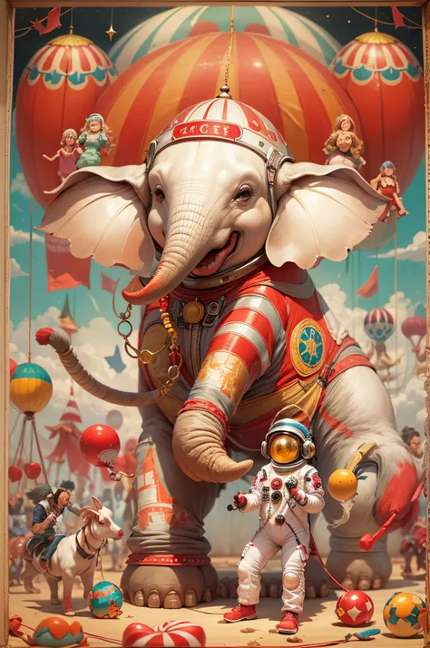 "((Best quality)), ((masterpiece)), ((dreamy)), ((colourful)), "Imagine a dreamy fantastical dreamscape where elephants show, elephants play with a detailed caricature cute spaceman is playing, big head short hands short legs short body, big round opaque h...