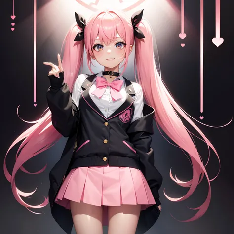 full body Esbian, masutepiece: 1.2, Highest Quality), (Live-action, elaborate details), (1 Lady, Solo, Upper body,) Clothing: Edgy, Navy Blazer, pink miniskirt, High School Uniform , long hair with pink twin tails,,,,,,、Avant-garde, Experimental appearance...