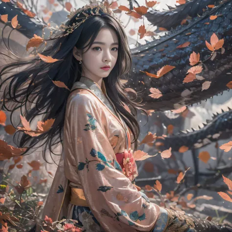 32K（tmasterpiece，k hd，hyper HD，32K）Long flowing black hair，ponds，zydink， a color， Xuzhou people （Silly girl）， （Silk scarf）， Combat posture， looking at the ground， long whitr hair， Floating hair， Carp pattern headdress， Chinese long-sleeved clothing， （abstr...