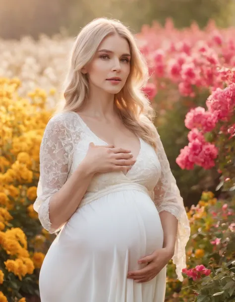 an up close photo of a pregnant woman, Beautiful pregnant woman, Stand with your hands dangling, long hair flowing with the wind, In the middle of colorful flower beds, White dress,((golden short hair)),beautiful flower