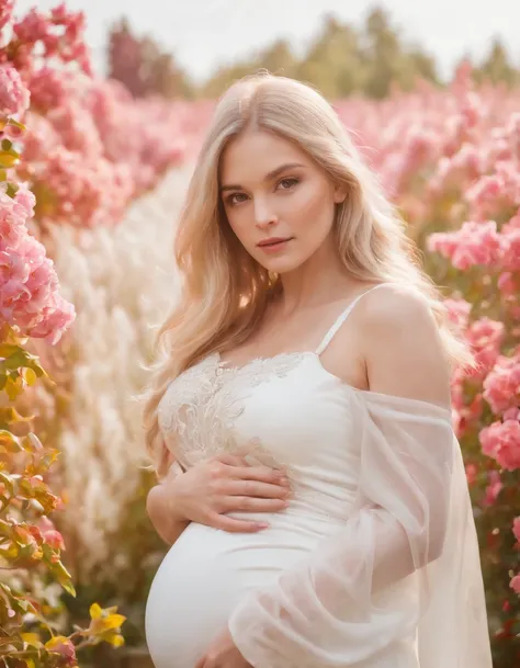 an up close photo of a pregnant woman, Beautiful pregnant woman, Stand with your hands dangling, long hair flowing with the wind, In the middle of colorful flower beds, White dress,((golden short hair)),beautiful flower