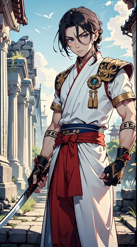 Ultra High Definition, Ultra High Quality, Extremely Detailed, Perfectly Detailed, Masterpiece, 8k, 1 Boy, Look A Like Xin From Kingdom Anime, Handsome, Equipped With Chinese Emperor Silk Clothes, Solid Light Blue Eyes, Long Red Hair, Holding A Perfectly D...