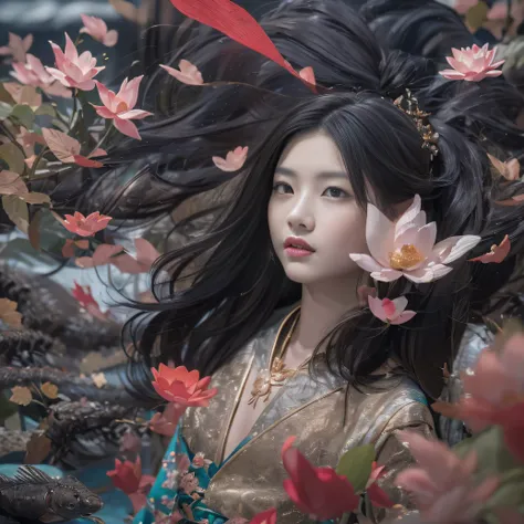 32K（tmasterpiece，k hd，hyper HD，32K）Long flowing black hair，ponds，zydink， a color， Xuzhou people （Silly girl）， （Silk scarf）， Combat posture， looking at the ground， long whitr hair， Floating hair， Carp pattern headdress， Chinese long-sleeved clothing， （abstr...