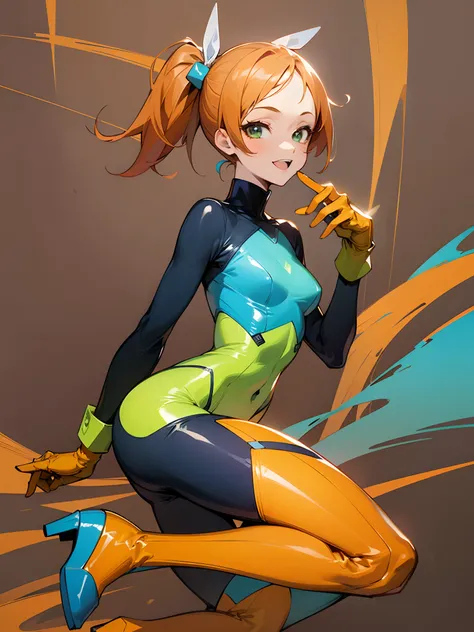 (Best Quality,4K,8K,hight resolution,masutepiece:1.2),Ultra-detailed,1girl in,Solo,Side Ponytail,bright orange hair,Bright green eyes,Blue bodysuit,Laugh,Small breasts, gloves,long boots,high heels boots,a closeup,Simple background,looking looking at viewe...