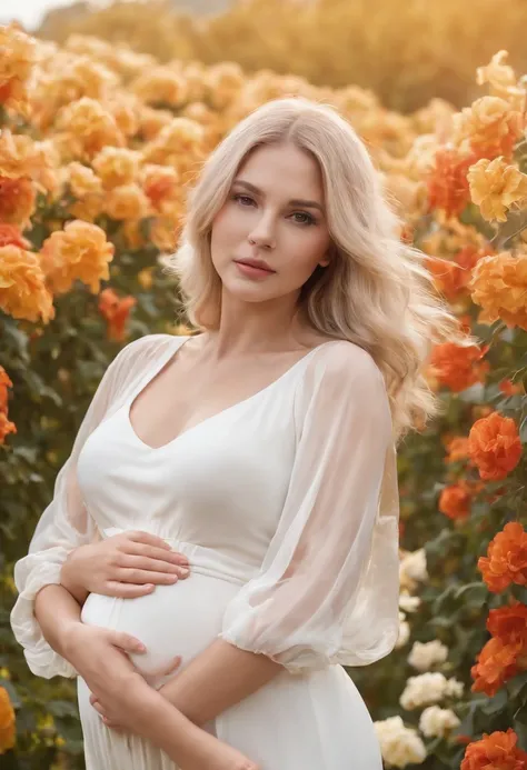 an up close photo of a pregnant woman, Beautiful pregnant woman, Stand with your hands dangling, long hair flowing with the wind, In the middle of colorful flower beds, White dress,((golden short hair)),beautiful flower