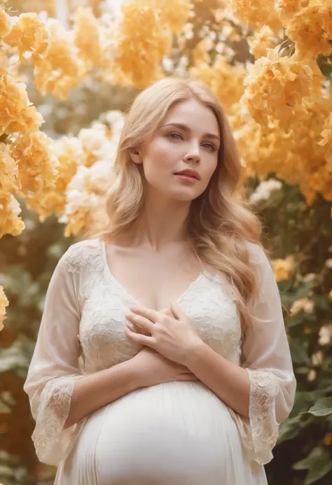 an up close photo of a pregnant woman, Beautiful pregnant woman, Stand with your hands dangling, long hair flowing with the wind, In the middle of colorful flower beds, White dress,((golden short hair)),beautiful flower