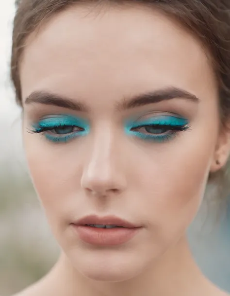 a young man with blue eyeshadow and lipstick by alma sotofor for stocksy united, in the style of light brown and turquoise, minimalist outlines, bright primary colors, stock photo, futuristic organic, sharp edges, accurate and detailed