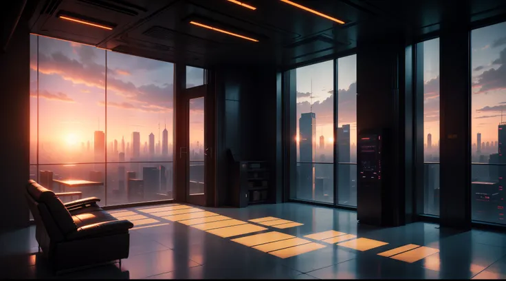 Cyberpunk, ((interior of a building)), sun set