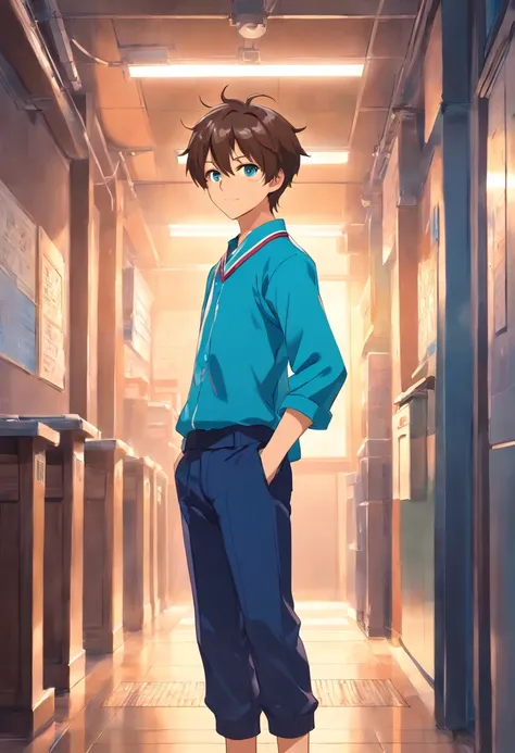 (anime boy): hair: brown, eyes: blue and bright, (Japanese student uniform). pants: long, shirt: blue.
{looking at the viewer with a slight smile and his hands in his pockets}.
[impeccable anime style, masterpiece with good style]