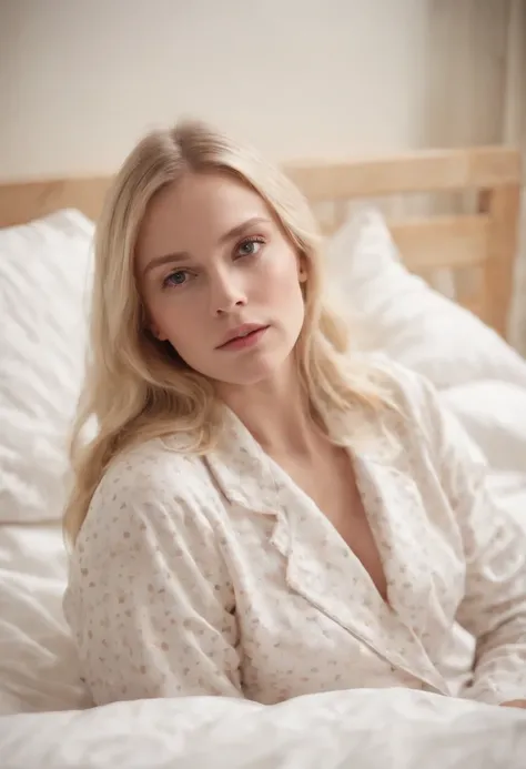 The blonde girl is lying in bed wearing pajamas，Scattered clothe，medium shot