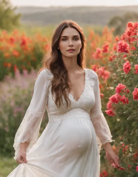 Cowboy Shot，Medium Long Shot，pregnant woman，Beautiful girl, Stand with your hands dangling, long hair flowing with the wind, In the middle of colorful flower beds, White dress