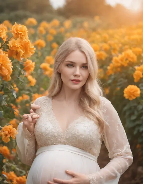 Close-up photo of a pregnant woman, Beautiful pregnant woman, Stand with your hands dangling, long hair flowing with the wind, In the middle of colorful flower beds, White dress,((with short golden hair)),beautiful  flowers