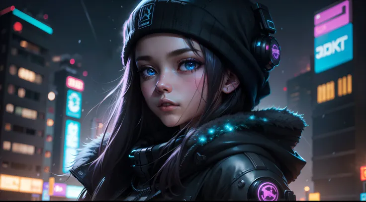 Cyberpunk, snowfall, young girl, night city, extremely detailed face, 4k, hd wallpaper