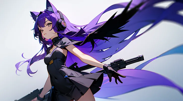 A flat breast girl with long purple hair and short dark gray dress and short dark gray skirt and one wing wearing a cat ears headset holding a pistol